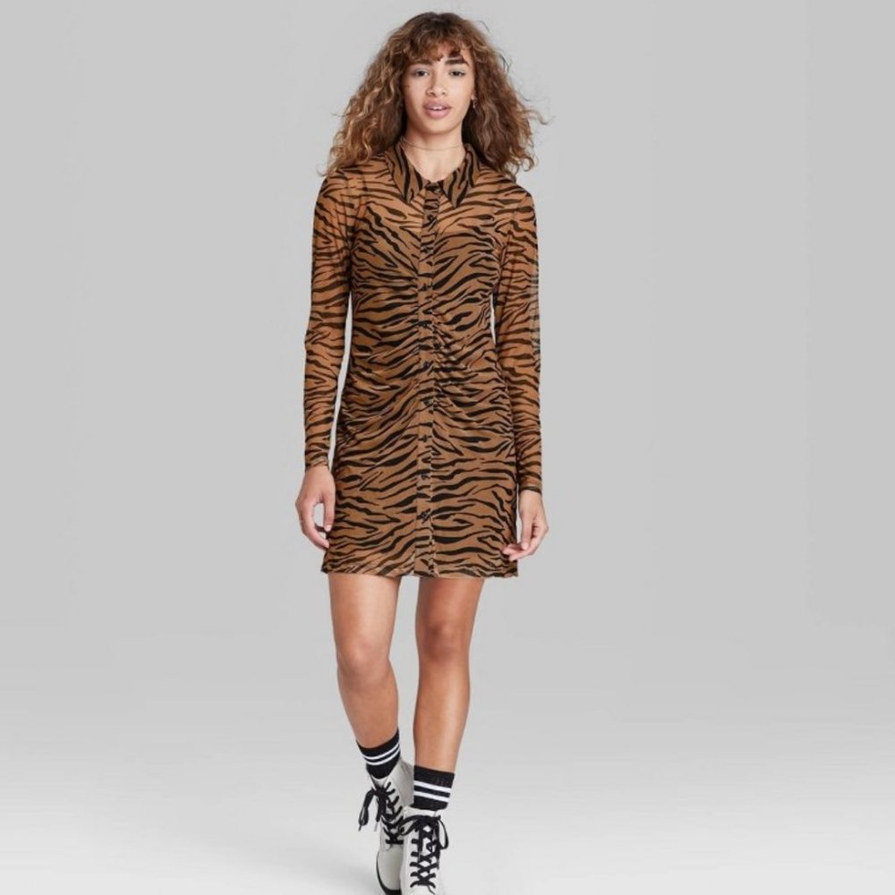 Women’s Long Sleeve Button - Front Mesh Dress, Brown Animal Print,